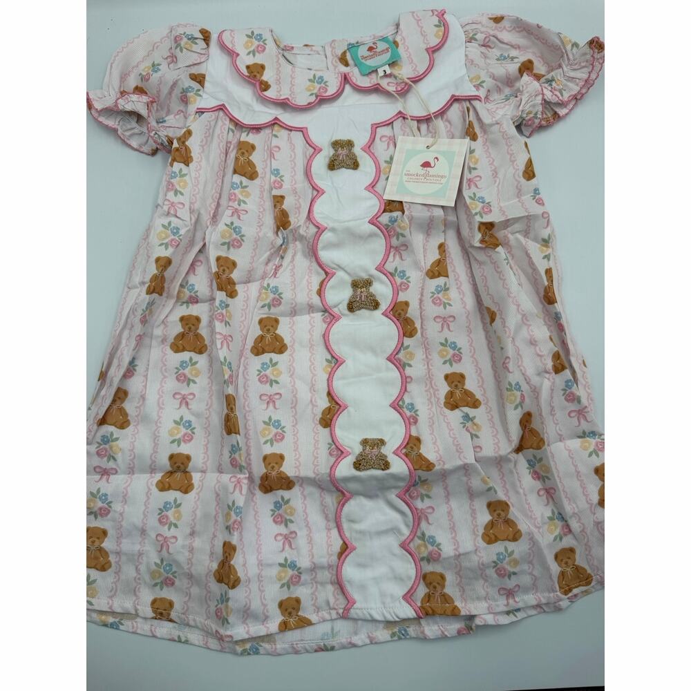 Smocked flamingo teddy bear french knot smocked dress 3t NEW